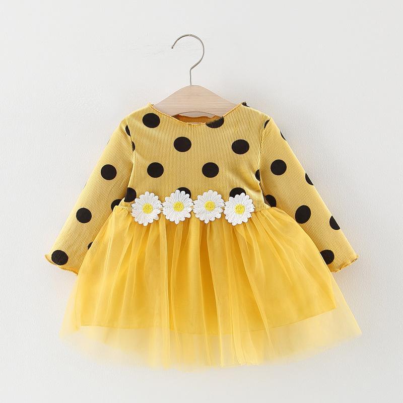 Luxury long sleeve infant dress yellow polka dot with daisy belt and tulle skirt Stevvex on Tampa Home & Garden Store