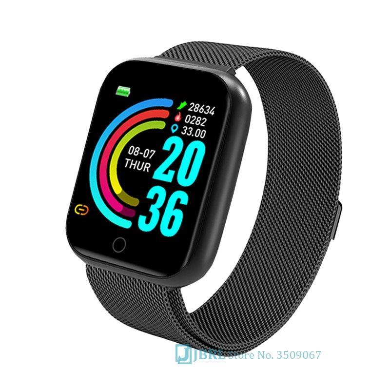 Stevvex ST1WT3506WML square stainless steel smartwatch with black mesh band and colorful digital display on Tampa Home & Garden Store