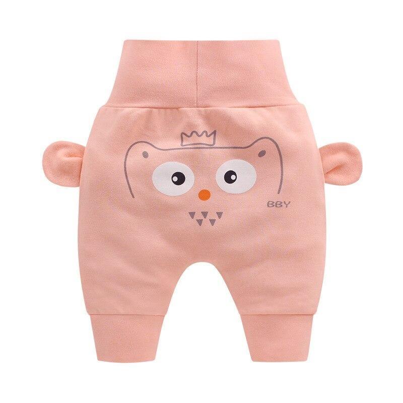 Stevvex pink baby pants with cartoon owl face print and ear accents, ribbed cuffs on Tampa Home & Garden Store