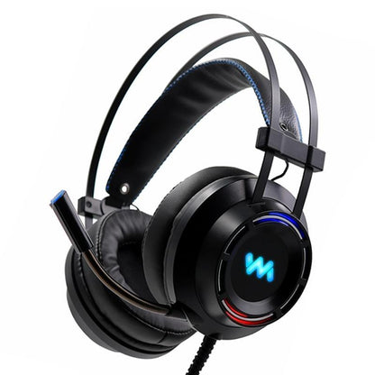 Stevvex gaming headset with mic, black, blue LED logo on earcup and padded headband on Tampa Home & Garden Store