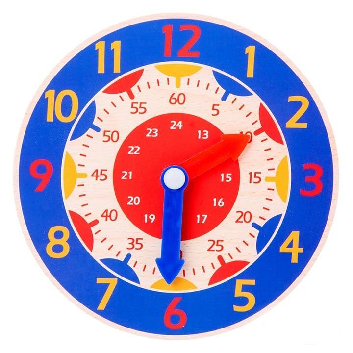 Wooden Montessori clock toy by Stevvex, blue face with yellow numerals and red hour hand on Tampa Home & Garden Store