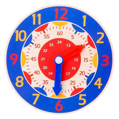 Wooden Montessori clock toy by Stevvex, blue face with yellow numerals and red hour hand on Tampa Home & Garden Store