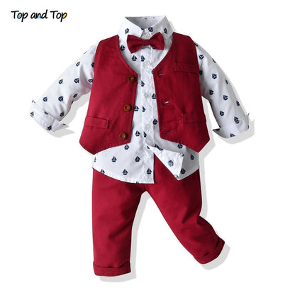 Baby boys formal outfit set: white sailboat shirt, red vest and pants, bow tie on Tampa Home & Garden Store