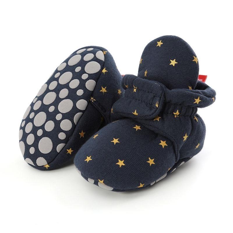 Baby booties Stevvex navy faux fleece with gold stars, dotted sole pair on Tampa Home & Garden Store