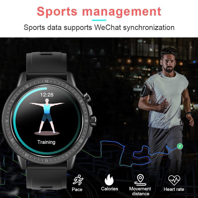 Stevvex smart watch with round dial and black strap showing training mode and heart rate on Tampa Home & Garden Store