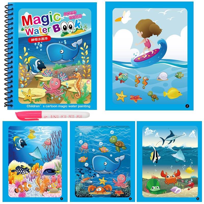 Stevvex Magic Water Book coloring pad with blue cover and water-drawing pages and pink pen on Tampa Home & Garden Store