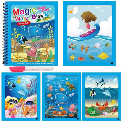 Stevvex Magic Water Book coloring pad with blue cover and water-drawing pages and pink pen on Tampa Home & Garden Store