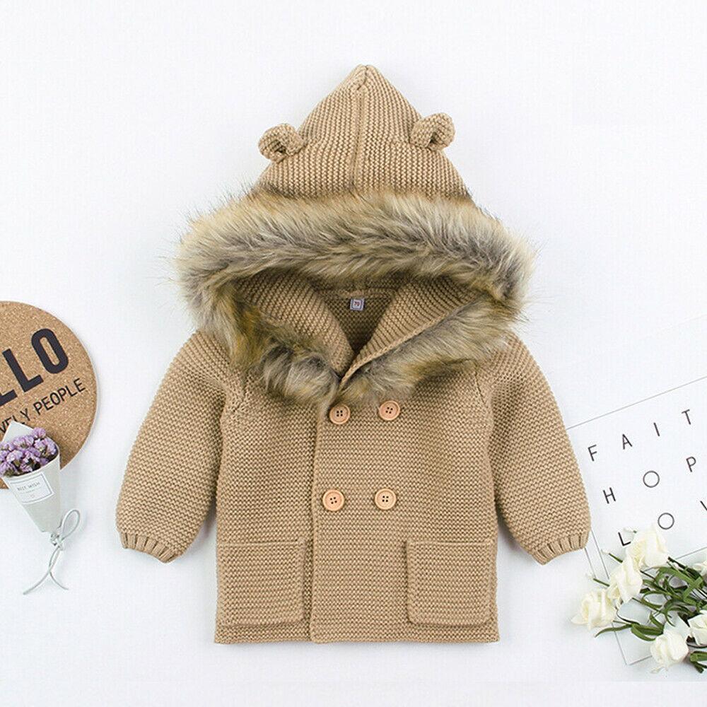 Stevvex knit hooded baby coat with faux fur collar in beige, double-breasted with pockets on Tampa Home & Garden Store