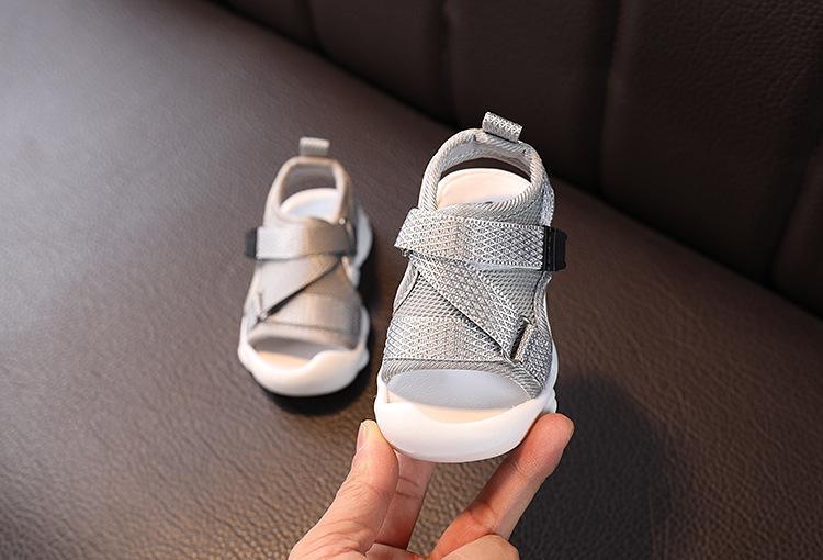 Baby sandals silver-gray canvas with crisscross straps and white sole infant/toddler pair on Tampa Home & Garden Store