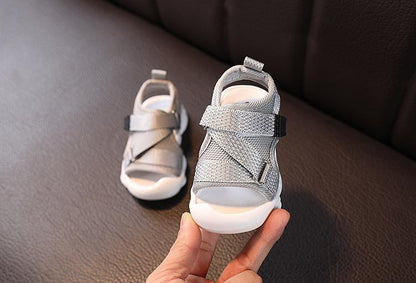 Baby sandals silver-gray canvas with crisscross straps and white sole infant/toddler pair on Tampa Home & Garden Store