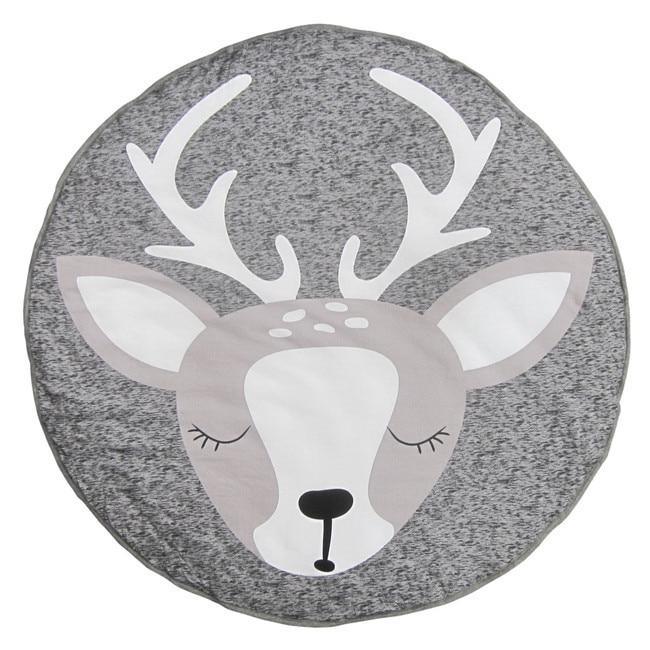Round baby play mat by Stevvex, cotton fabric in gray with white deer head design on Tampa Home & Garden Store