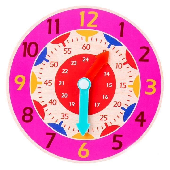 Montessori wooden clock toy for kids with pink ring, colorful numbers and blue/red hands on Tampa Home & Garden Store