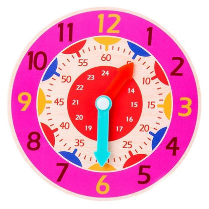 Montessori wooden clock toy for kids with pink ring, colorful numbers and blue/red hands on Tampa Home & Garden Store