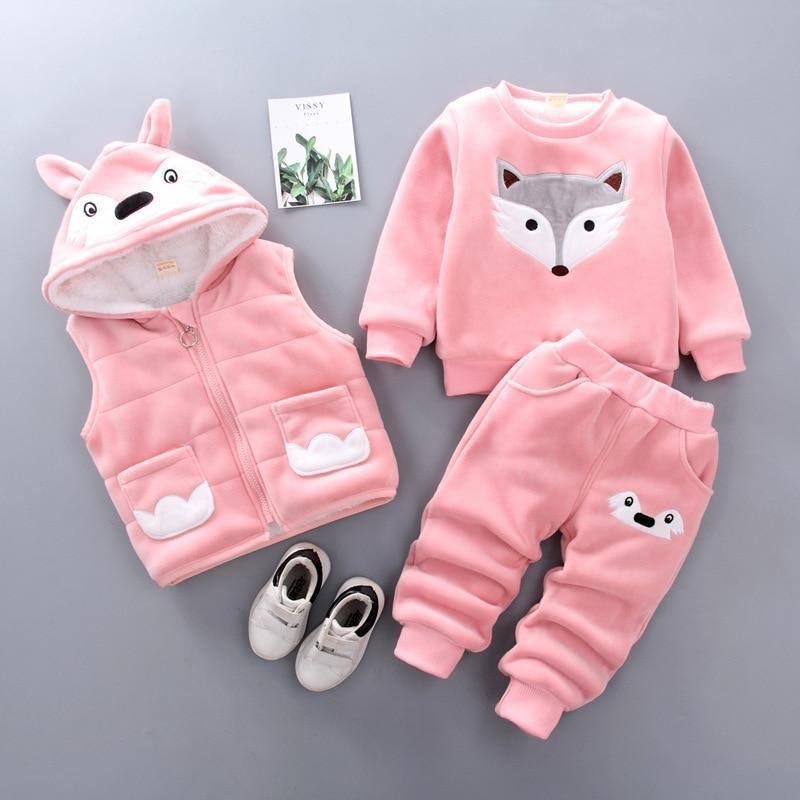 Baby pink fleece three-piece set by Stevvex with fox face sweater and hooded vest pants on Tampa Home & Garden Store