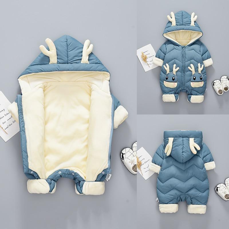 Stevvex baby hooded snowsuit in blue thick cotton with cream lining and antler hood on Tampa Home & Garden Store