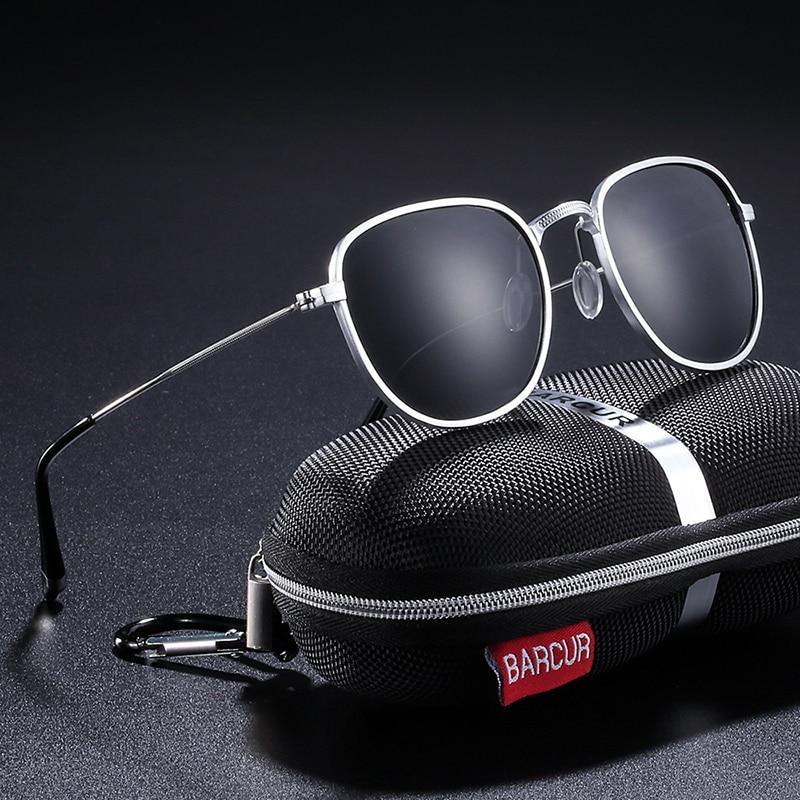 Stevvex aluminum hexagon sunglasses polarized UV400 silver frame dark lenses on a zip case on Tampa Home & Garden Store