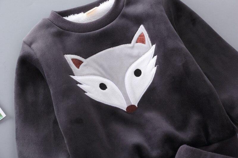 Stevvex baby fleece hoodie sweater in dark gray with white fox face applique, winter warm outfit on Tampa Home & Garden Store