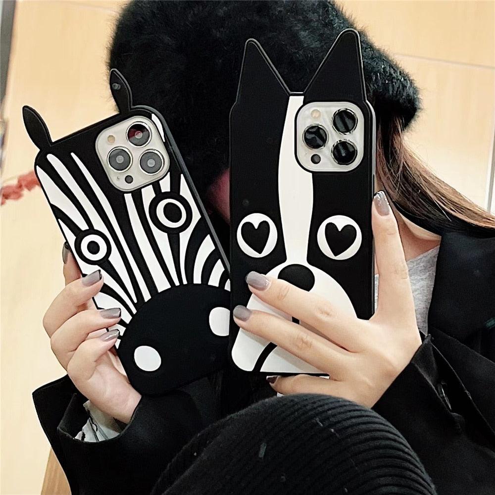 3D dog-ear silicone iPhone case set by Stevvex, black zebra and puppy designs, 2 cases on Tampa Home & Garden Store