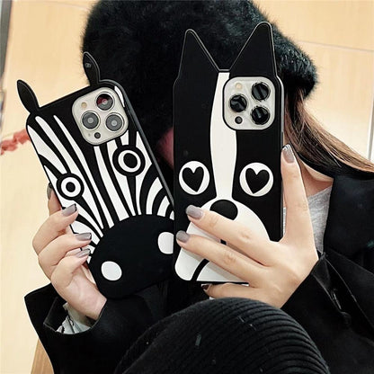 3D dog-ear silicone iPhone case set by Stevvex, black zebra and puppy designs, 2 cases on Tampa Home & Garden Store
