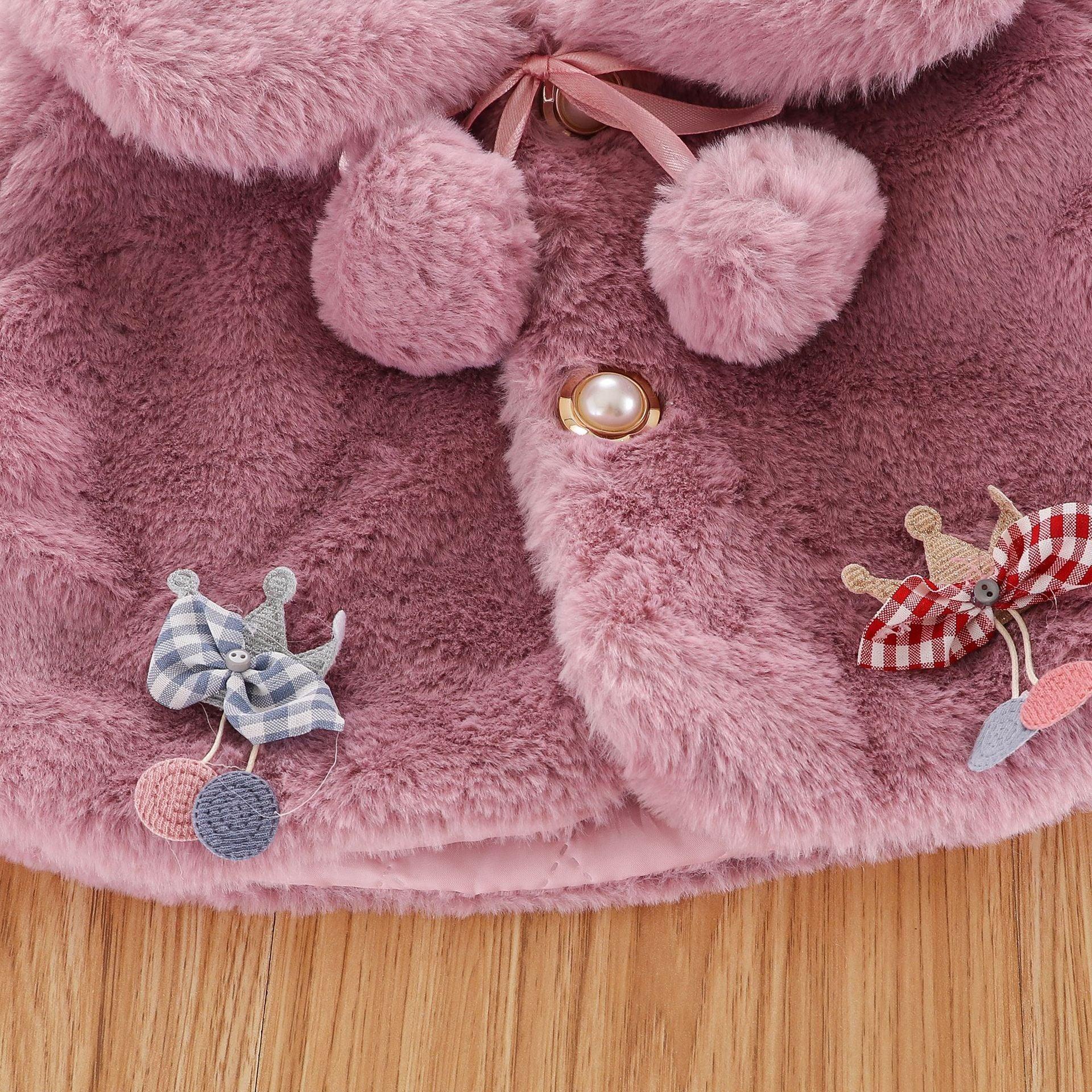 New Luxury Baby Fur Cloak Jacket pink plush with pom-pom ties and pearl button detail on Tampa Home & Garden Store