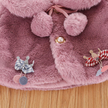 New Luxury Baby Fur Cloak Jacket pink plush with pom-pom ties and pearl button detail on Tampa Home & Garden Store