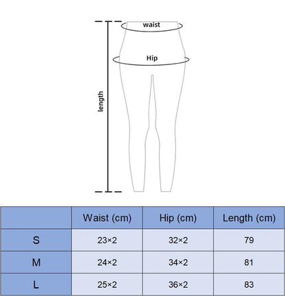 Stevvex ST75LGWDD223 leggings size chart with waist, hip and length for S/M/L 79/81/83 cm on Tampa Home & Garden Store