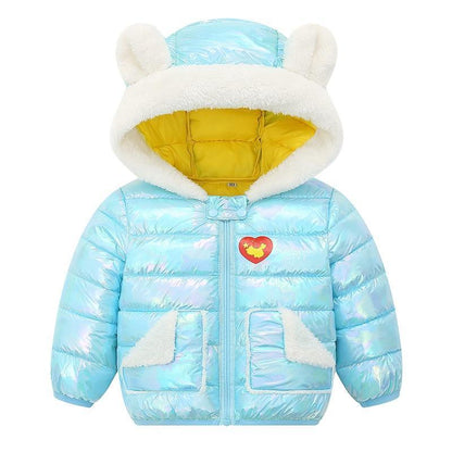 Stevvex blue shiny hooded baby puffer jacket with bear-ear trim and yellow lining on Tampa Home & Garden Store
