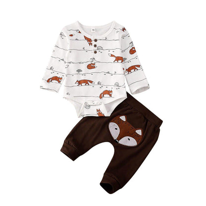 Stevvex newborn two-piece fox-print outfit: white top and brown pants with fox patch on Tampa Home & Garden Store