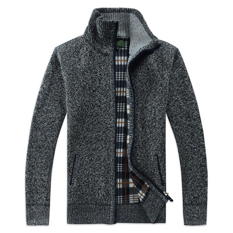 Stevvex men's knit fleece cardigan jacket in marled gray with zip pockets and plaid lining on Tampa Home & Garden Store