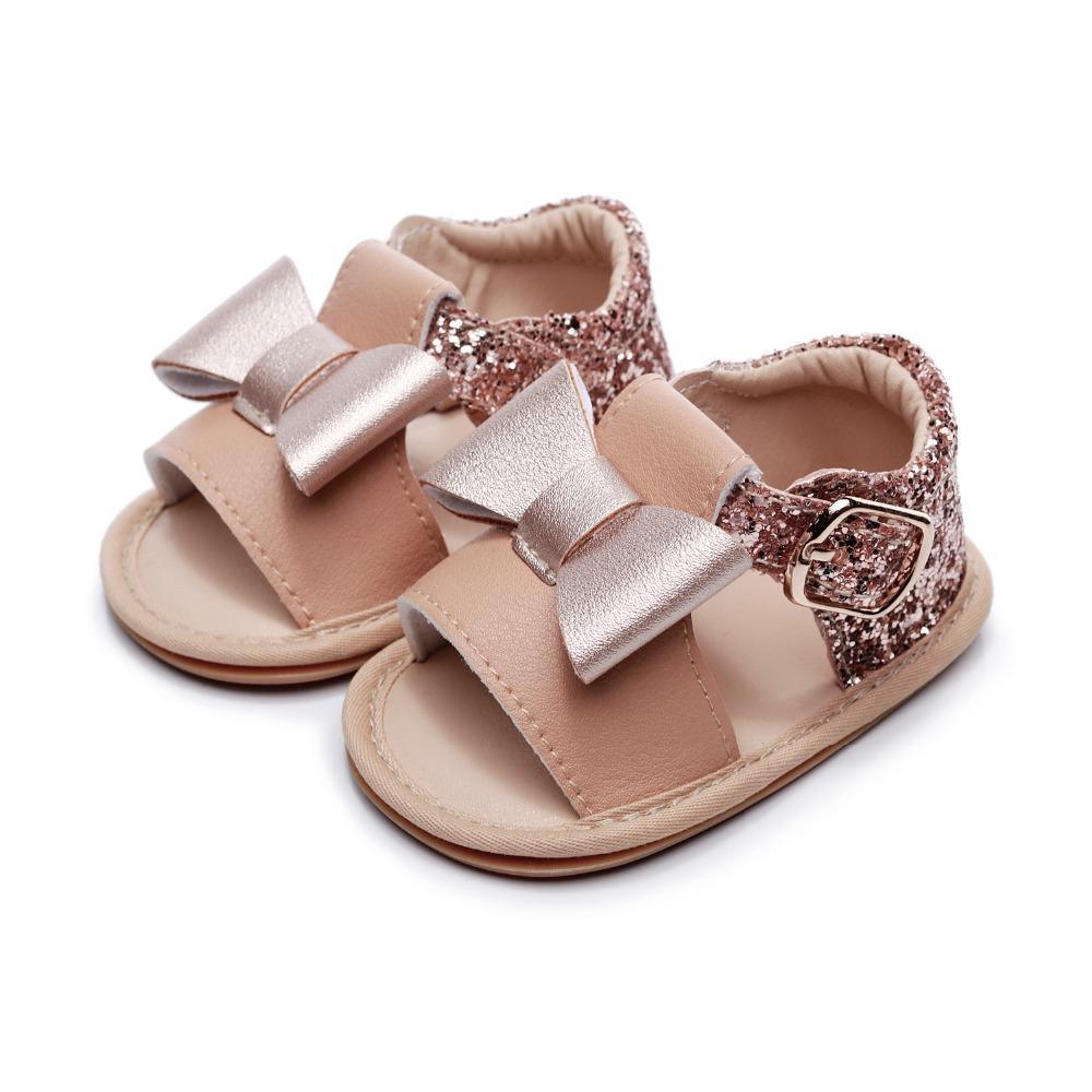 Stevvex Baby Girls PU Leather Sandals with glitter strap and metallic pink bowknot, soft sole on Tampa Home & Garden Store