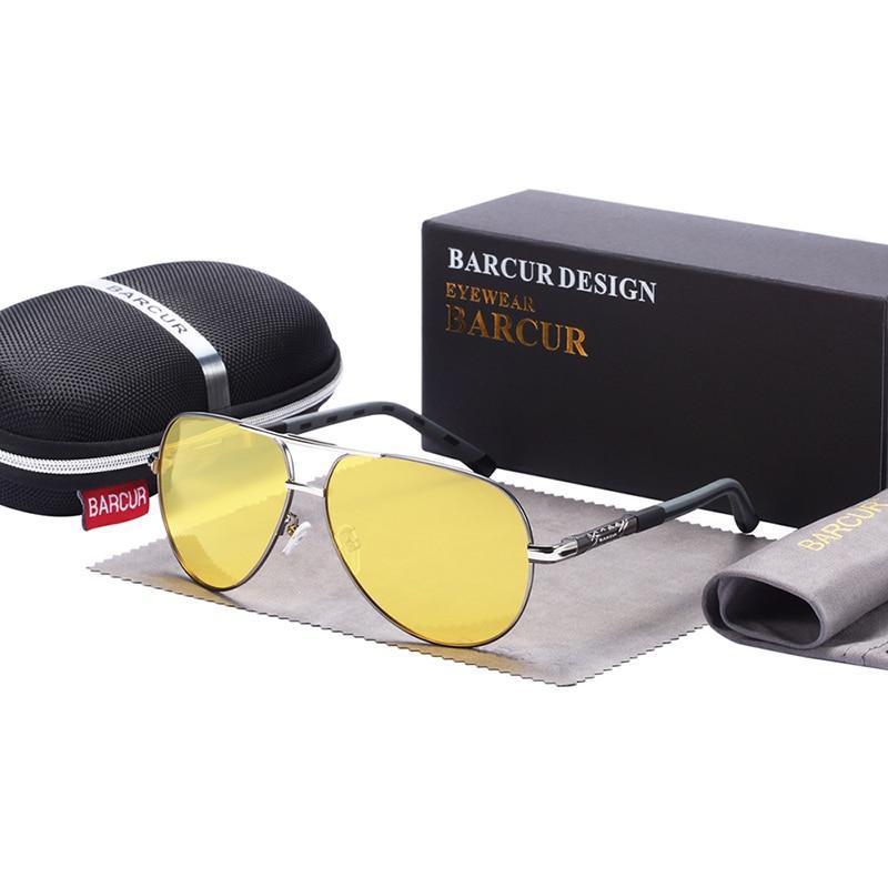 Barcur aviator sunglasses with yellow lenses and silver metal frame, with case and box on Tampa Home & Garden Store