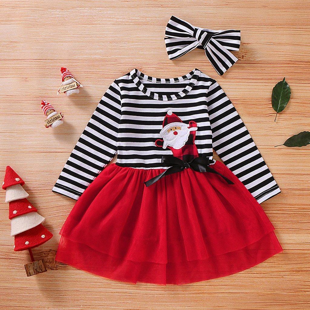 Newborn girls striped long sleeve dress with Santa, red tulle skirt, black bow headband Stevvex on Tampa Home & Garden Store