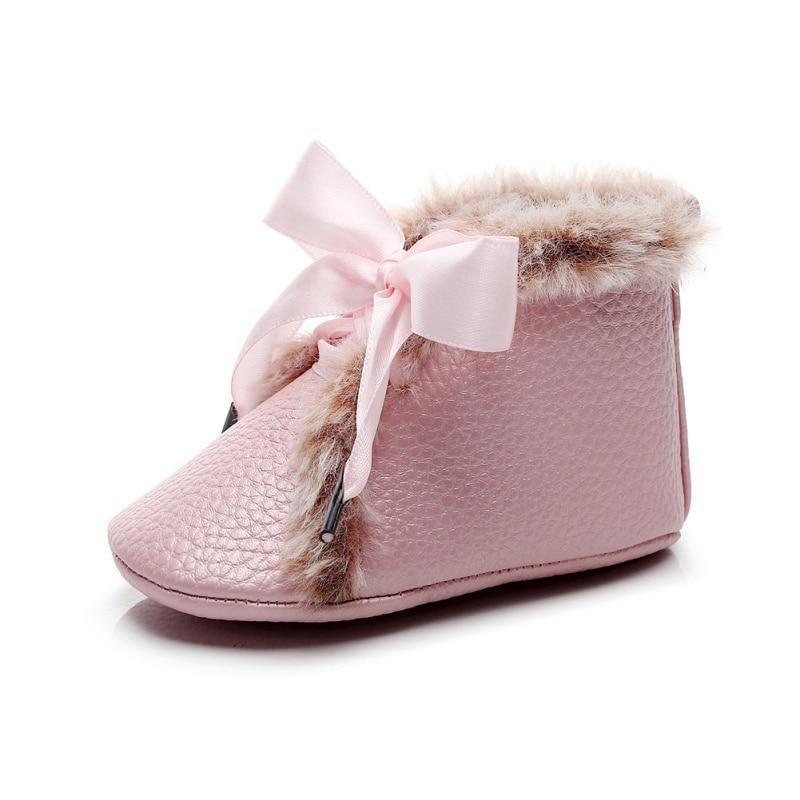 Baby PU Boots pink faux leather, fur trim, bowknot lace-up, warm first walkers by Stevvex on Tampa Home & Garden Store