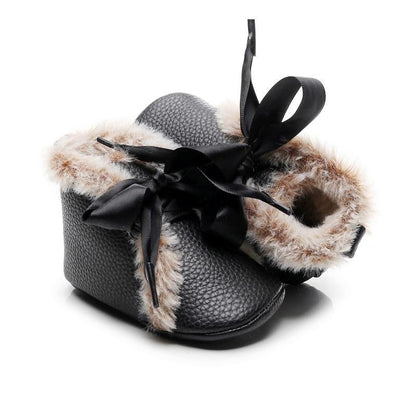 Baby PU boots with black leather, fur lining, bowknot lace-up on Tampa Home & Garden Store