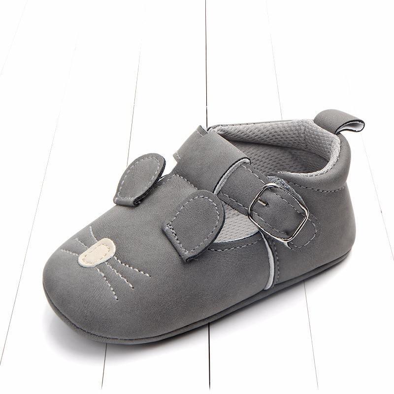 Stevvex gray baby shoe with cat face embroidery and two Velcro straps for first walkers on Tampa Home & Garden Store