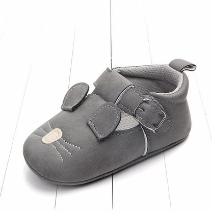Stevvex gray baby shoe with cat face embroidery and two Velcro straps for first walkers on Tampa Home & Garden Store