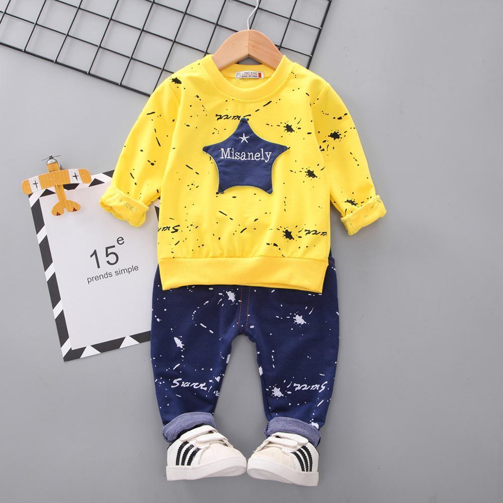 Stevvex 2pc baby boys costume set: yellow star patch top and navy paint-splatter pants on Tampa Home & Garden Store