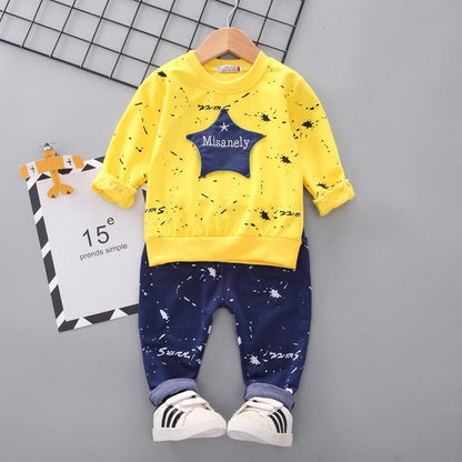 Stevvex 2pc baby boys costume set: yellow star patch top and navy paint-splatter pants on Tampa Home & Garden Store