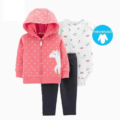 Baby cotton outfit set: pink polka-dot hooded jacket with unicorn, navy pants, white romper on Tampa Home & Garden Store