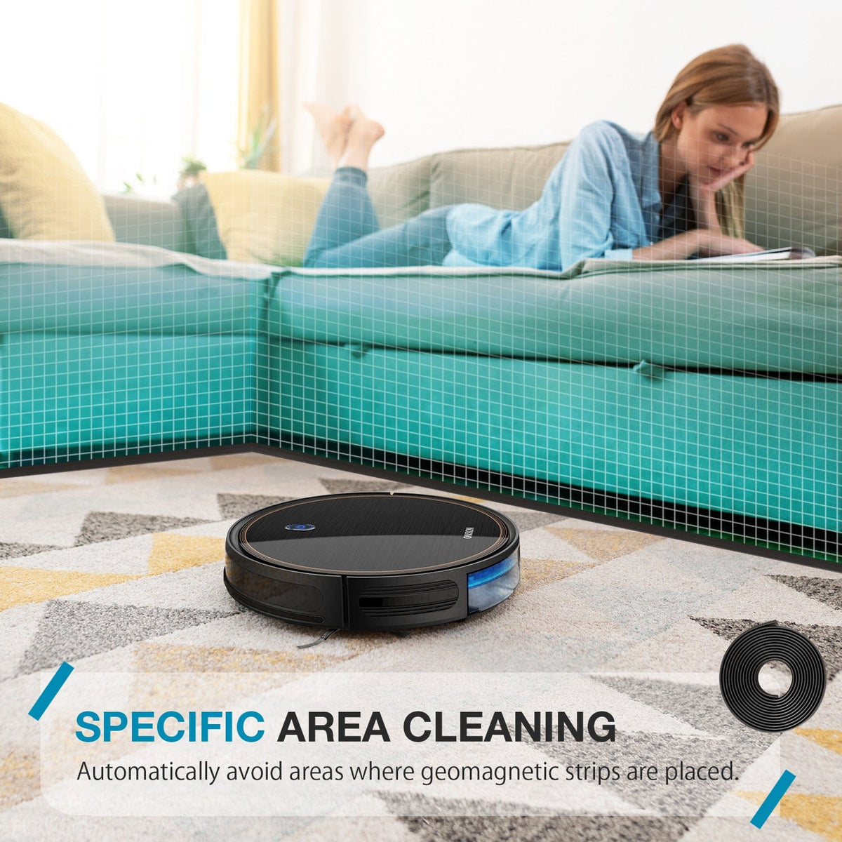 ONSON J10C robot vacuum cleaner, black circular unit cleaning a patterned rug beside a teal sofa on Tampa Home & Garden Store