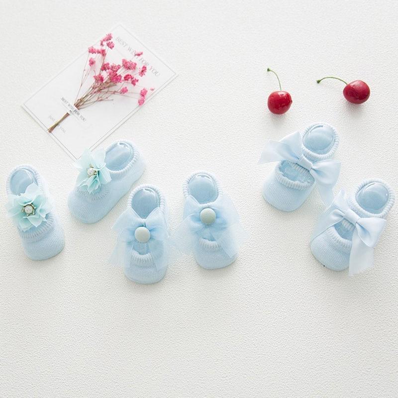 Baby girl anti-slip cotton bow lace flower floor socks Stevvex light blue 6 pairs on Tampa Home & Garden Store