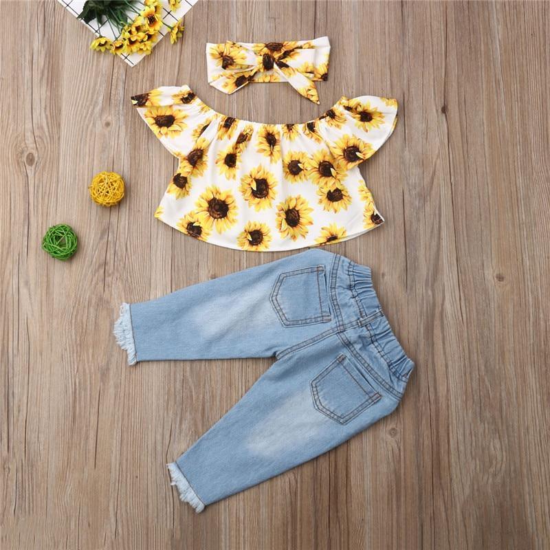 Stevvex baby 3-piece sunflower print outfit: top with ruffle, denim pants on Tampa Home & Garden Store