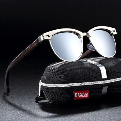 Stevvex retro cat-eye sunglasses with steel frame and wood temples, polarized lenses, BARCUR case on Tampa Home & Garden Store