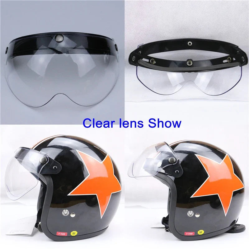 Universal 3-Snap Visor for Open-Face Helmet by BikerZoneZ, clear lens, black frame, 4 views on Tampa Home & Garden Store