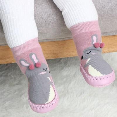 Stevvex newborn indoor sock shoes in pink gray cotton with bunny motif and rubber soles on Tampa Home & Garden Store
