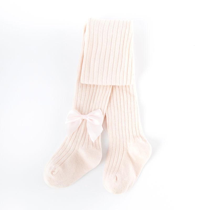Stevvex baby bowknot tights, pale pink ribbed cotton with bow, pair on Tampa Home & Garden Store