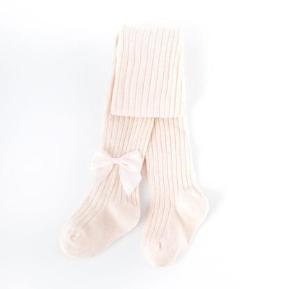 Stevvex baby bowknot tights, pale pink ribbed cotton with bow, pair on Tampa Home & Garden Store