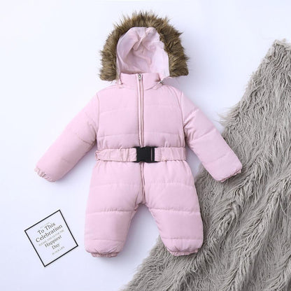 Infant pink Stevvex snowsuit with hooded faux fur trim, thick quilted padding, front zipper on Tampa Home & Garden Store