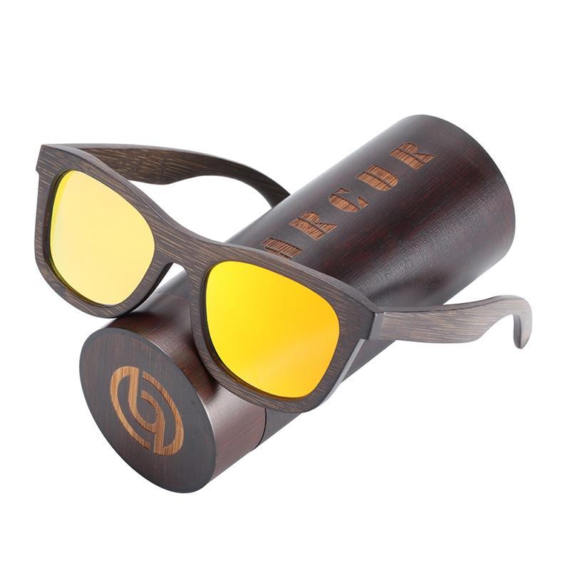 Stevvex wooden sunglasses with yellow lenses in dark bamboo frame, includes wooden case on Tampa Home & Garden Store
