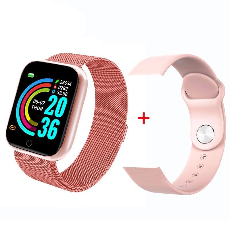 Stevvex square smartwatch with two bands: rose-gold mesh and pink silicone strap Android/iOS on Tampa Home & Garden Store